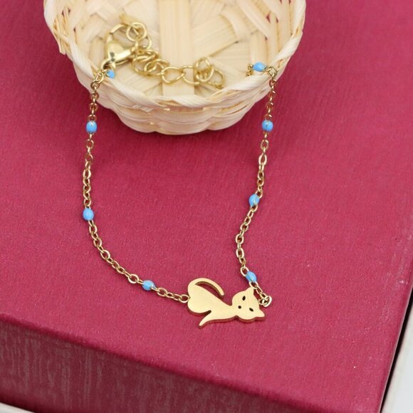 Chic Yellow Gold Cat Bracelet with Blue Beads, XPBL0622 - Picture 11 of 12